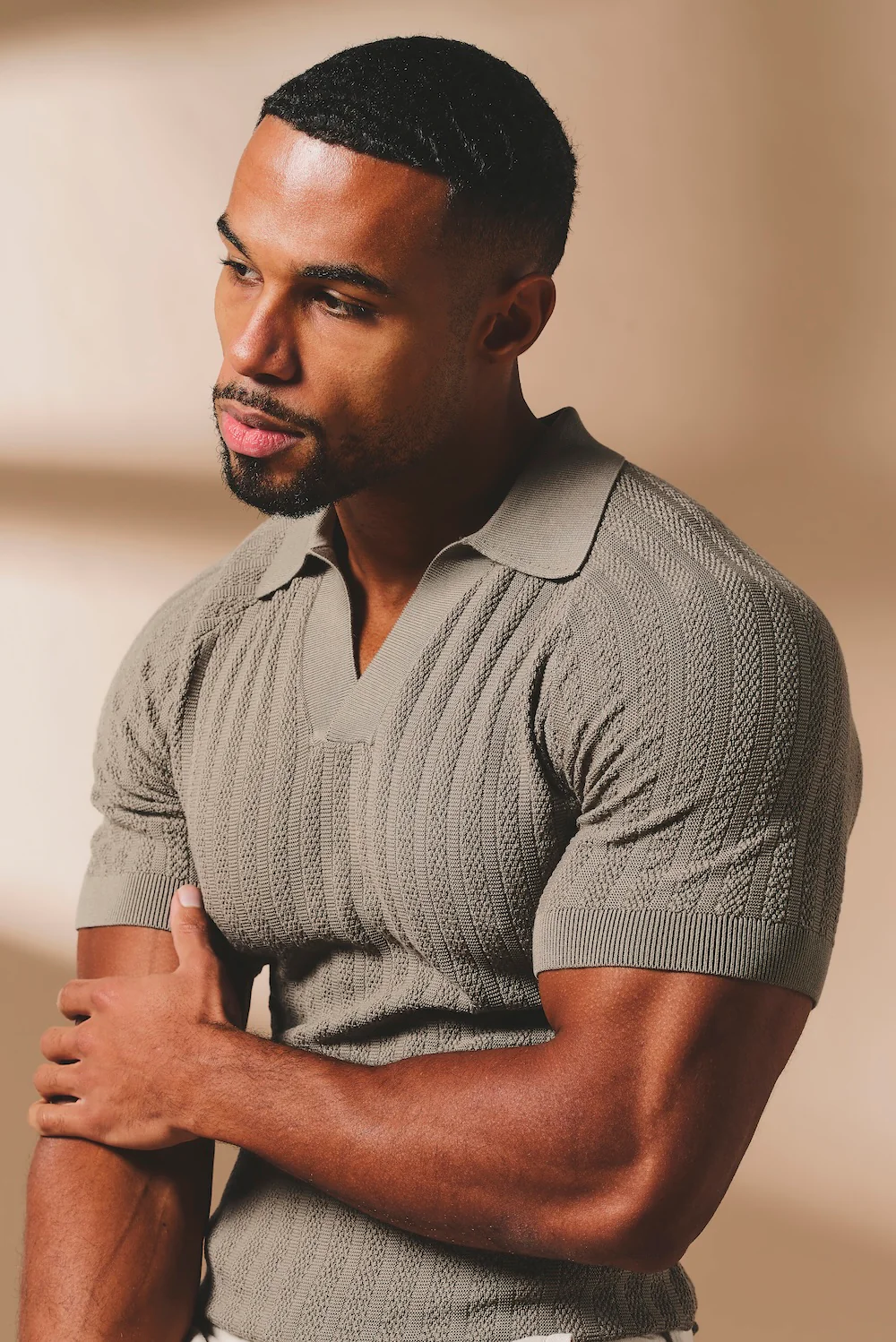 Vertical Stripe Knitted Open Collar Polo Shirt in Mole - Image 5