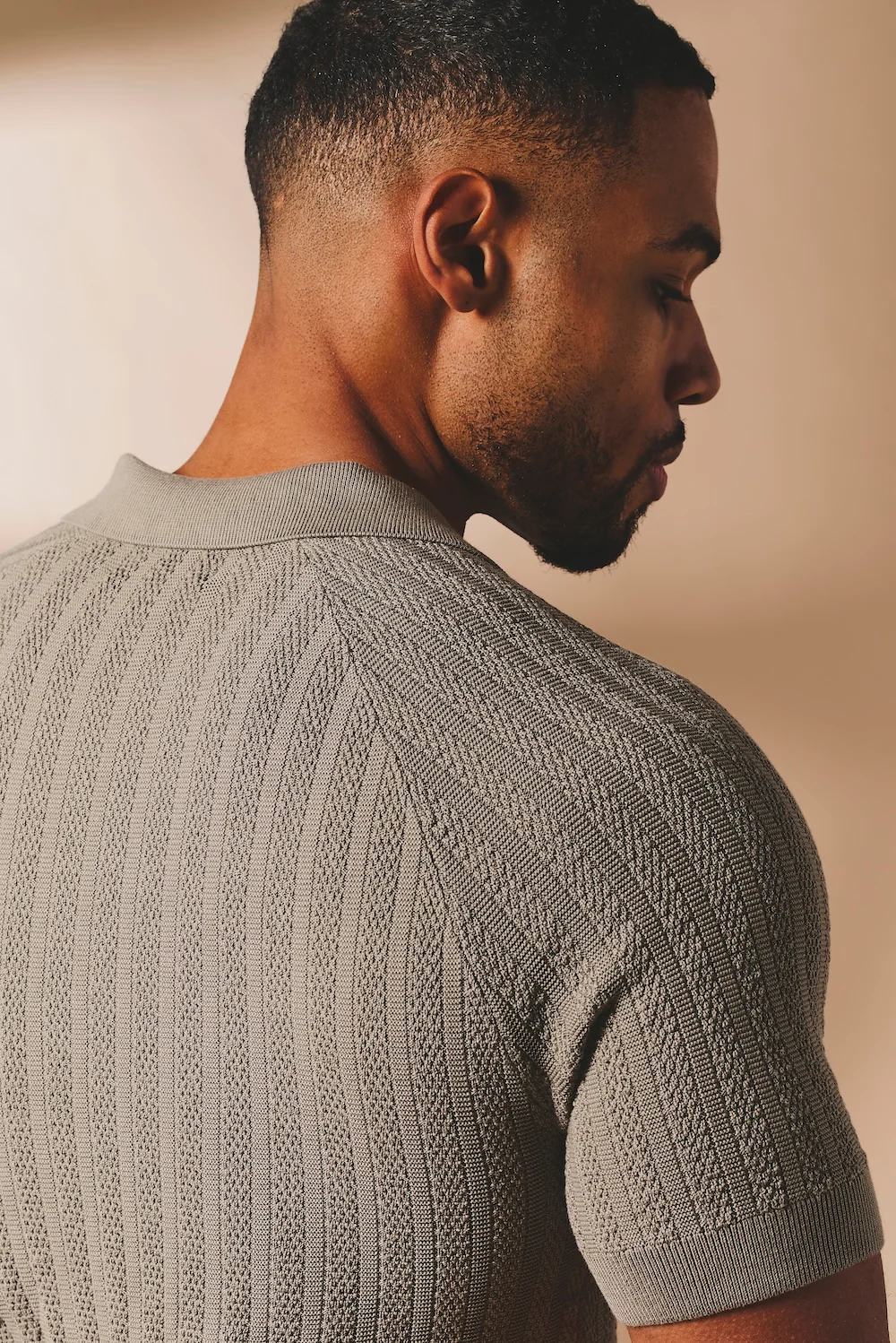 Vertical Stripe Knitted Open Collar Polo Shirt in Mole - Image 6