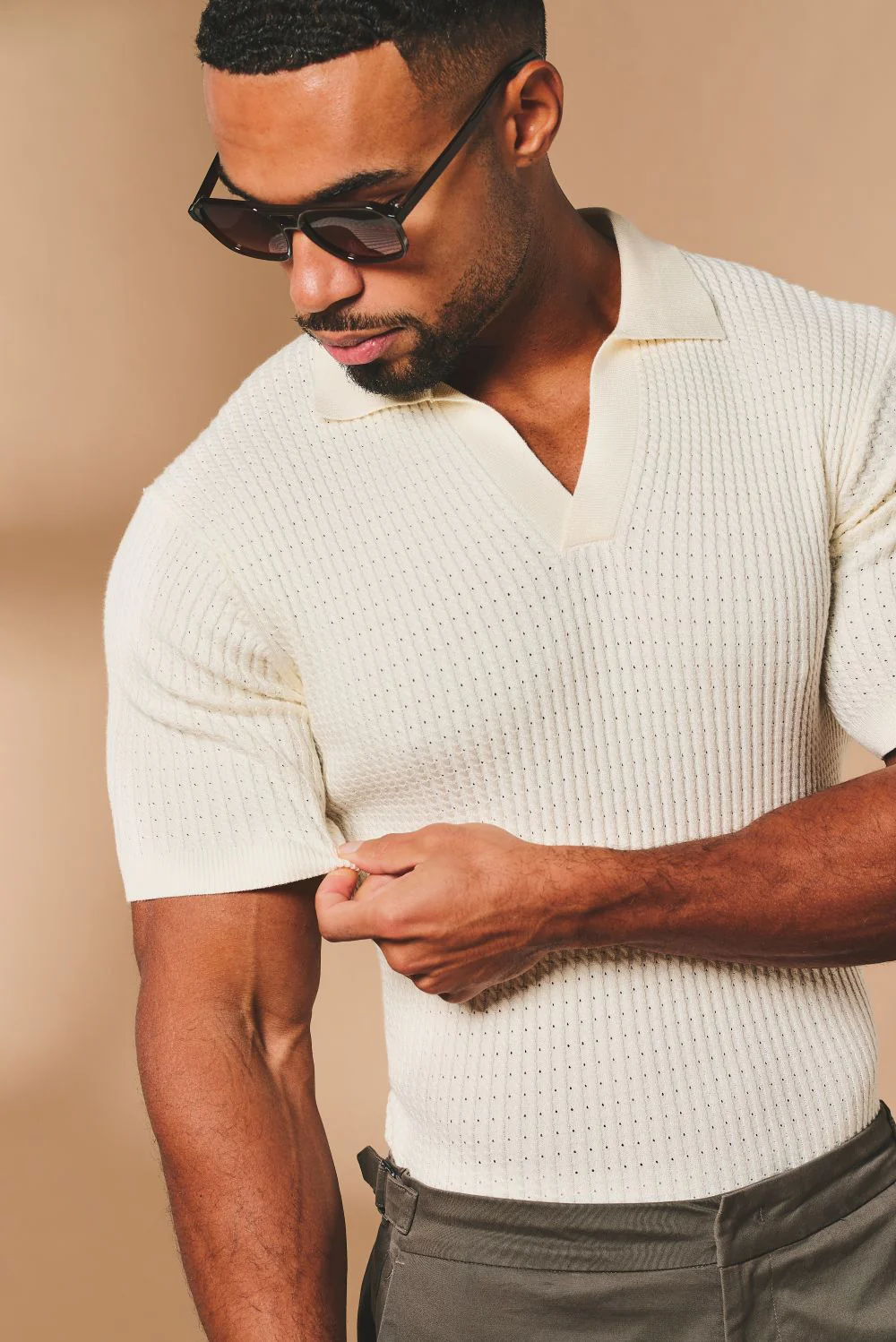 Vertical Stripe Knitted Open Collar Polo Shirt in Stone - Image 3