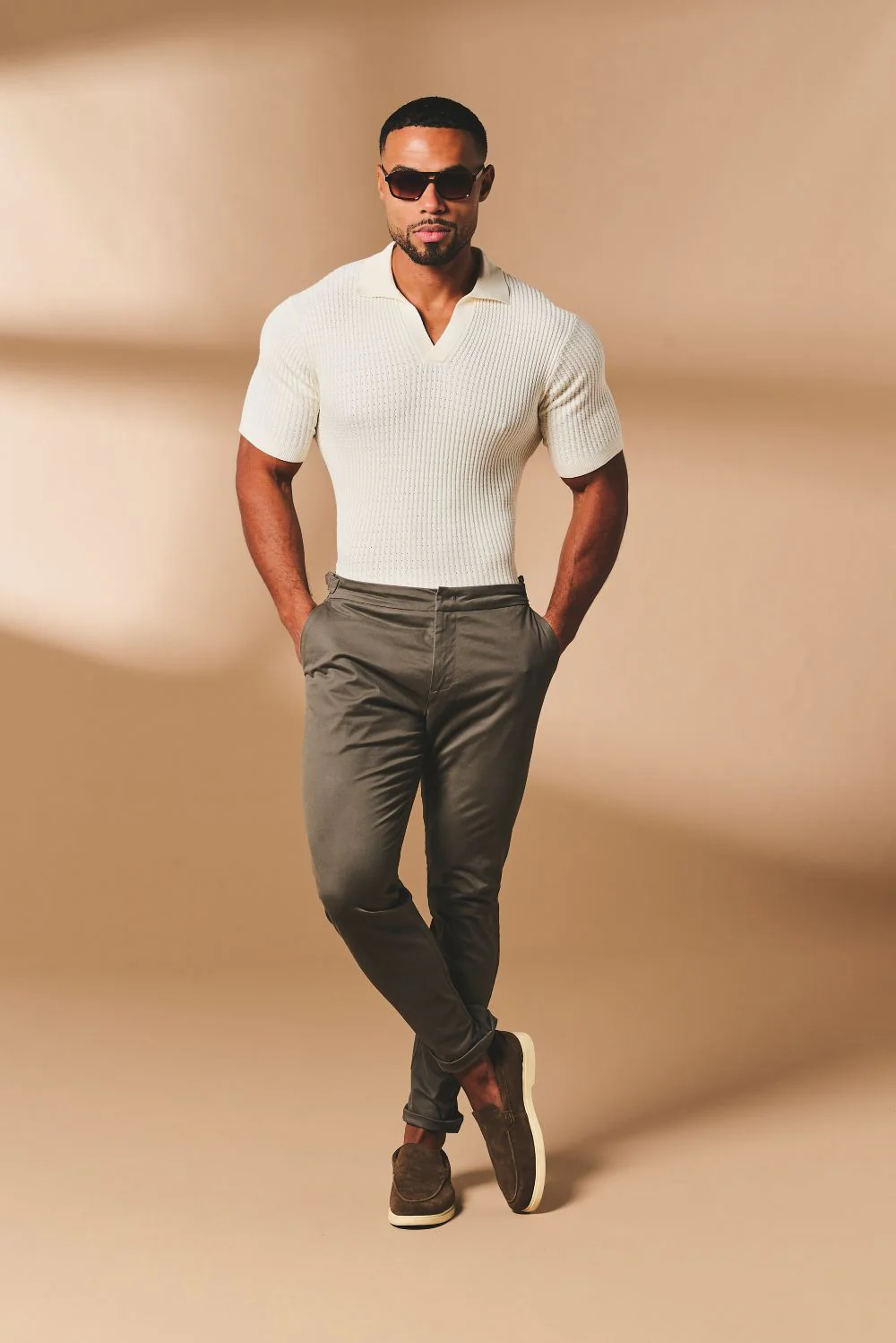 Vertical Stripe Knitted Open Collar Polo Shirt in Stone - Image 4