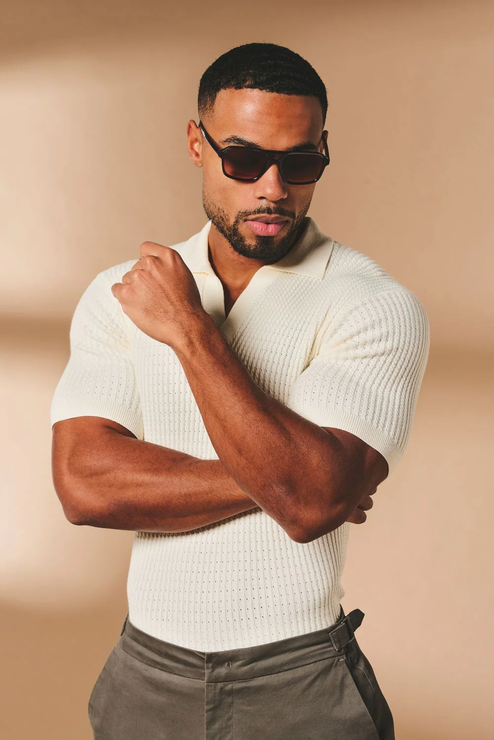 Vertical Stripe Knitted Open Collar Polo Shirt in Stone - Image 5