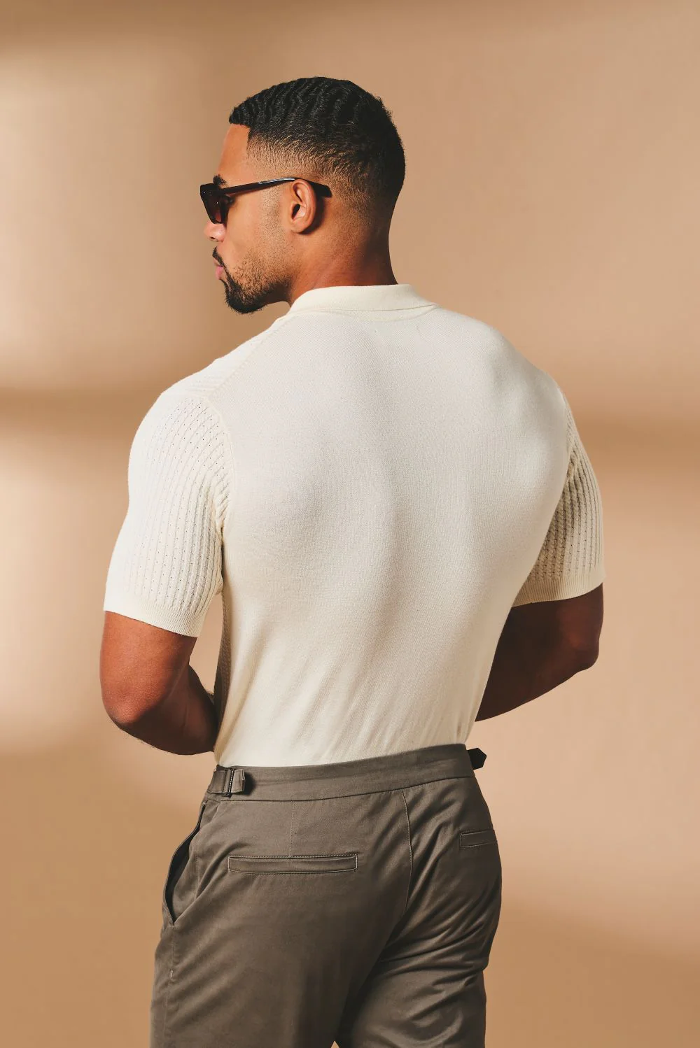 Vertical Stripe Knitted Open Collar Polo Shirt in Stone - Image 7